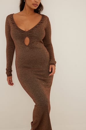 Brown Glitter Knitted Keyhole Rouched Detail Maxi Dress