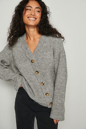 Grey Melange Knitted Asymmetric Ribbed Cardigan