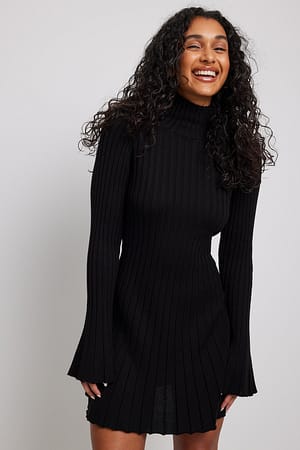 Black Knitted Flounce Mini Dress