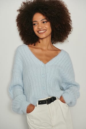 Light Blue Knitted Ribbed Fuzzy Cardigan