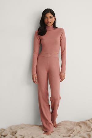 Dusty Pink Knitted Ribbed High Waist Pants
