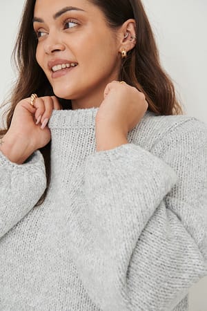 Light Grey Melange Knitted Round Neck Balloon Sleeve Sweater
