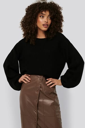 Black Knitted Puff Sleeve Sweater