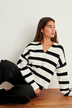 Black Knitted Striped V-neck Sweater
