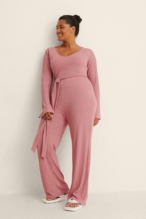 Dusty Dark Pink Recycled Knot Detail Rib Pants