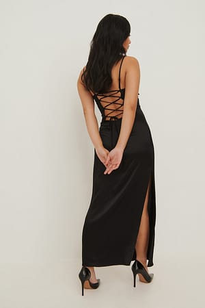 Black Lacing Back Satin Mini Dress