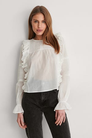 White Long Sleeve Frill Cotton Blouse
