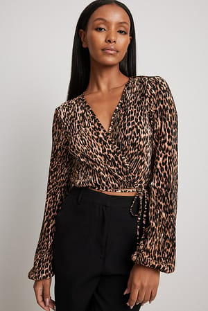 Leopard Long Sleeve Pleated Wrap Top