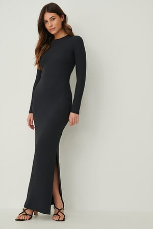 Black Recyklingowana karbowana sukienka maxi z długim rękawem