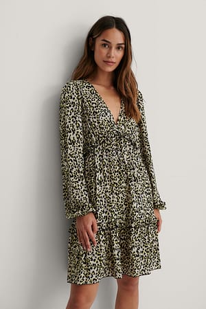 Leopard Long Sleeve V-neck Frill Dress
