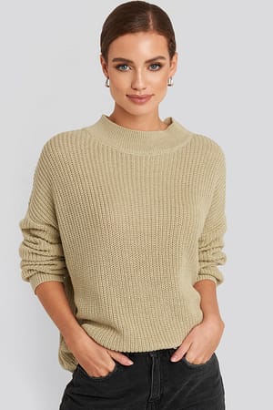 Beige Loose Fit Ribbed High Neck Sweater