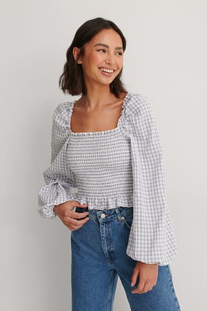 Blue Check Puffy Sleeve Smocked Blouse