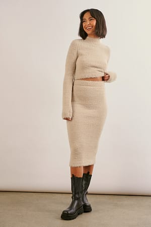 Beige Knitted Fuzzy Midi Skirt