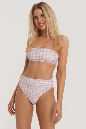 Pink Check Maxi højtaljede bikinitrusser med blondekant