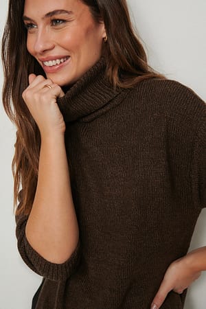 Brown Melange High Neck Knitted Long Sleeve Sweater