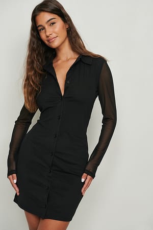 Black Recyklingowana sukienka koszulowa z siateczką