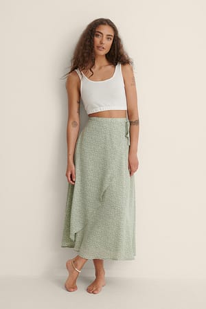 Dusty Green White Floral Midi Wrapped Skirt