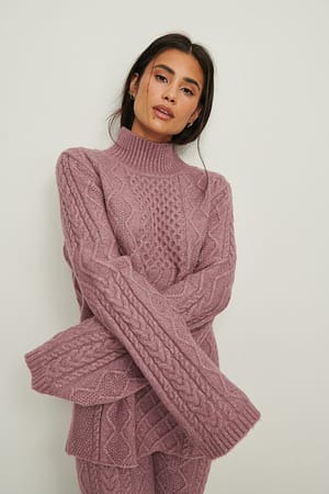 Dark Mauve Mixed Pattern Knitted High Neck Sweater