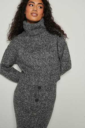 Black Melange Meleret strikket sweater med høj hals