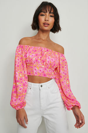 Orange/Pink Flower Bluse uden skulder med lange ærmer