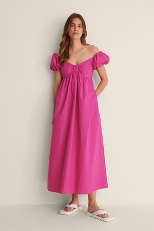 Bright Pink Off Shoulder Midi Cotton Dress