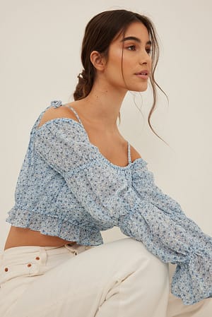 Painted Floral Blue Recycled off shoulder-blus