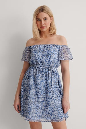 Blue Flower Print Off Shoulder Sheer Mini Dress
