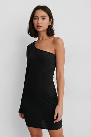 Black One Shoulder Glitter Dress