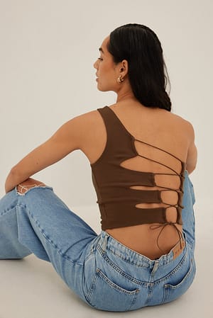 Brown One Shoulder Lace Top