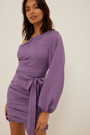 Purple One Shoulder Tie Waist Mini Dress