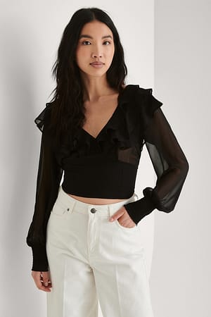 Solid Black Open Back Frill Blouse