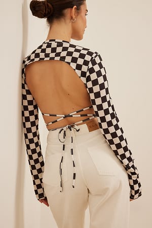 Checkered Open Back Tie Detail Top