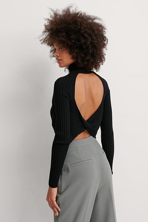 Black Open Twisted Back Knitted Sweater