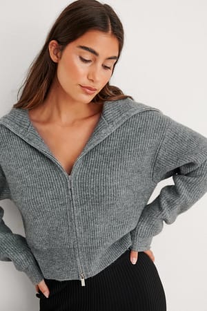 Grey Melange Big Collar Zipped Knitted Cardigan