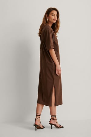 Brown Organic Shoulder Pad Slit Detail Dress