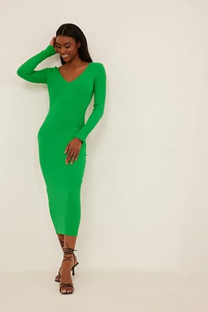 Green V-Neck Rib Long Sleeved Midi Dress