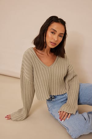 Khaki Cropped V-Neck Knit Sweater
