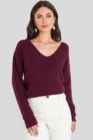 Bordeaux Oversized V Neck Knitted Sweater