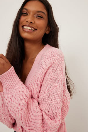 Pink Pattern Knitted V-Neck Cardigan