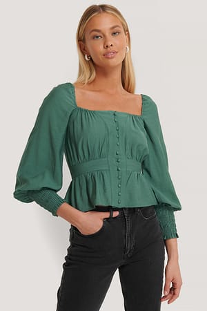 Green Puff Shoulder Smocked Arms Blouse