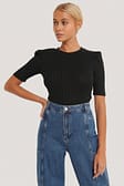 Black Puff Sleeve Cropped Ribbed Top