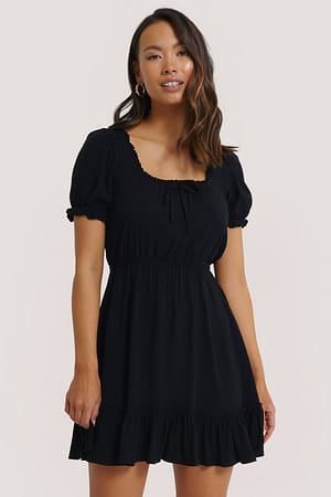 Deep Black Puff Sleeve Mini Dress