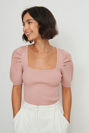 Dusty Pink Puff Sleeve Ribbed Knitted Top