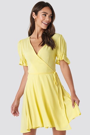 Yellow Puff Sleeve Wrap Dress