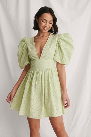 Green Puffy Sleeve Marked Waist Dress