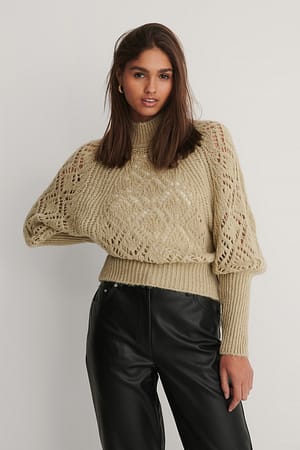 Beige Raglan Sleeve Pointelle Stitch Knitted Sweater