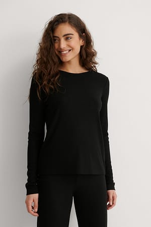 Black Recycled Soft Ribbed Round Neck Top