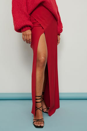 Red Recycled Front Slit Maxi Skirt