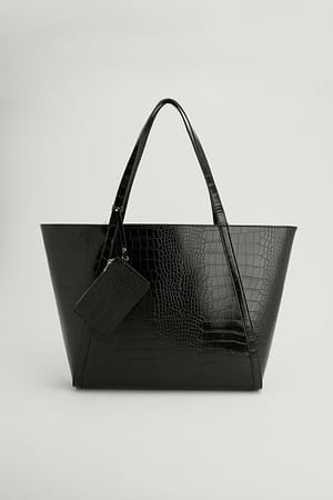 Black Resirkulert Glossy shopper med krokodillemønster