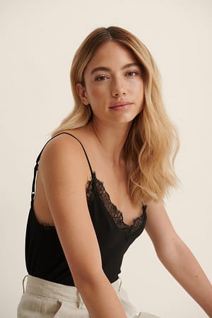 Black Recycled Lace Detail Crepe Singlet